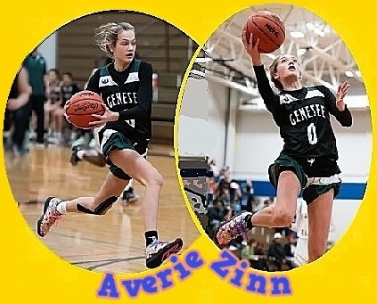 Two photos of Michigan's Averie Zinn, Gebessee High School's girl basketball star. In black uniform number zero; on the left she id galloping with the ball to our right, on the right she is going up for a right-hamded lay-up, right knee bent with leg uib the air.Photographs by Julian Leshay Guadalupe016MLive.com