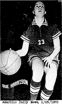 Image of Sue Harrison, Texas girls basketball player on the Allison High School team, dribbling a basketball in her #23 uniform