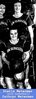 Photo of the Waterman sisters, New Gloucester (Maine) High School girls' basketball players, 1949-50. From the Portland Press Herald, January 19, 1950. Teammate Joan Weymouth is standing (on the left) with sister Cathryn Waterman. Stella Waterman is crouching, with the basketball. Photo by Press Herald Staff photographer Roberts.
