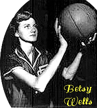 Image of girls basketball player, Betsy Wells, of Elm City High (North Carolina), in 1953, shooting a set shot, or foul shot.
