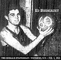 Picture of Ed Bugniazet holding  basketball with a '60' written on it. From The Herald Statesman, Yonkers, N.Y., February 5, 1953. Caption: ARTIST dramatizes the fact the Ed Bugniazet, captain of the Iona Prep basketball team, poured 60 points through the hoop against Hastings High on Tuesday. The six-foot senior from Rye tallied 42 more yesterday against Horace Mann of the Bronx.--Staff Photo.