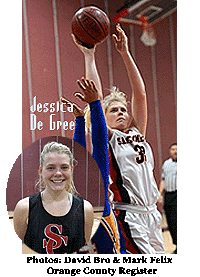 Composite image. Portrait by David Bro, action shot by Mark Felix, both for the Orange County Register. Pictures of Jessica De Gree, San Clemente girls basketball player, number 3, shown shooting a jump shot.