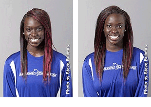 Images of Suzzy and Lizzy Dimba, twin sisters on the Abilene Christian University Wildcat basketball team. Photos by Steve Bolman.