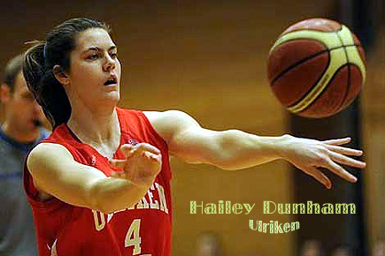 Photo of Hailey Dunham passing the basketball for Ulriken.