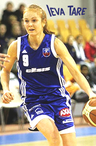 Image of Ieva Tare (Eve Tari), Latvian basketball player on SK Cesis, driving up court in a game.
