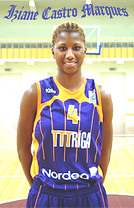 Image of Izziane Castro Marques, TTT Riga player, 2006-07, in the Latvian Woman's Basketball League (LSBL). In uniform, posing. She's from Brazil.