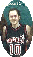 Image of Madison Doucette, girls basketball player for Drumlin Heights Secondary School (Nova Scotia). Wearing number 10 on a red on black Eagles uniform, cropped from team photo, 2012-13.