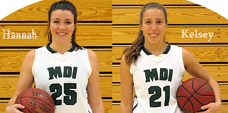 Hannah (5 foot 10 inch senior) and Kelsey Shaw (5 foot 10 inch sophomore), Mount Desert Island High School (Maine) girls basketball players and sisters. Hannah nmber 25, Kelsey number 21, in their MDI uniforms, both holding basketballs.