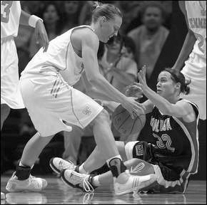 Angie Bjorklund, University of Tennessee battles sister Jami Bjorklund for the ball, December 16, 2007 at Tennessee. Angie tied Tennessee record of Shana Zollman of 7 three-pointers in game. Associated Press photo.