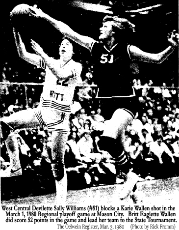 Picture of West Central Blue Devilette basketball player Sally Williams, number 51, blocking a shot from behind by Britt High Eaglette Karie Wallen, number 22, in the Regional playoff game at MAson City, on March 1, 1980. Britt won, 61 to 55, to qualify for the Girls' State Tournament in Des Moines. From The Oelwein Register, 3.3.1980. (Photo by Rick Fromm)