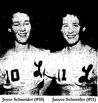 A picture of the Schneider twin sisters, Janyce and Joyce, who played for Lowden High school in the Iowa State Girls' Basketball Tournament in March 1955; on March 1, 1955 in the quarter-finals played in Des Moine, Joyce Schneider scored 6, Janyce Schneider scored 13, for a total of 19 points for the twins, in the 57 to 53 loss to Gilman High school; Photo Credit: Tom Merryman, Ames Gazette.