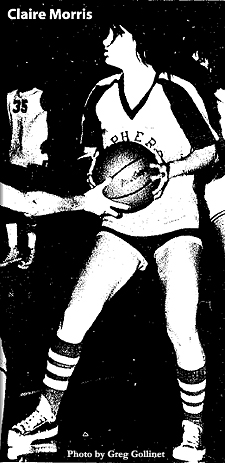 Picture of Claire Morris, from 2/2/1976 basketball game, in which she scored 53 points for the Grand Prairie Gophers in a 80 to 72 loss to the visiting Lamar Vikings. This was the final home game of the season. Photo by Greg Gollinet, from The Grand Prairie Daily News, Grand Prairie, Texas.