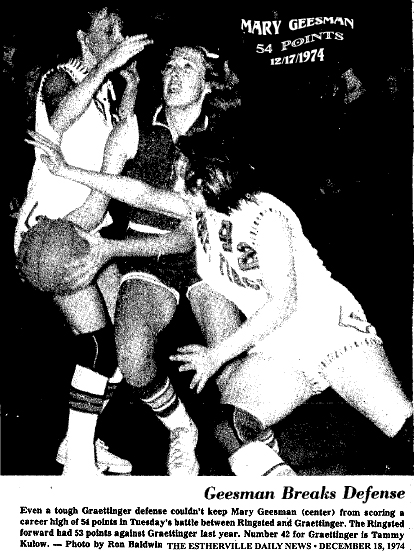 Action photo of Mary Geesman, Ringsted Great Dane basketball player, driving to the basket in the December 17, 1974 game that saw her score 54 points against the Graettinger High Pirettes. Titled, Geesman Breaks Defense, it reads: Even a tough Graettinger defense couldn't keep Mary Geesman (center) from scoring a career high of 54 points in Tuesday's battle between Ringsted and Graettinger. The Ringsted forward had 53 points against Graettinger last year. Number 42 for Graettinger is Tammy Kulow.-- Photo by Ron Baldwin. From the Estherville Daily News, 12/18/1974.