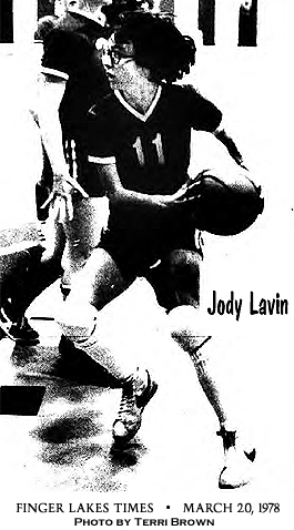 Photo of Jody Lavin, Geneva DeSales basketball player, during a March 18, 1978 Class D Section 5 playoff semifinal against Lyndonville. Lavin scored 51 points and DeSales won, 73 to 56. Finger Lakes Times, March 20, 1978. Photo by Terri Brown.