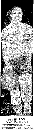 Image of Pat Hallock, #9, dribbling the basketball and reading: 'Pat Hallock/One of the Cowgirls'. From The Portsmouth Times, Portsmouth, Ohio, January 26, 1966.