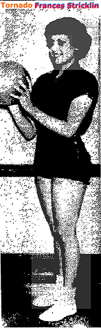 Picture of Frances Stricklin, Union Grove High School Tornado (North Carolina) basketball player, facing left with basketball. From The Statesville Daily Record (North Carolina), March 20, 1950.
