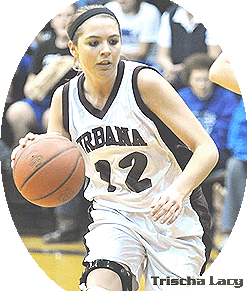 Trischa Lacy, number 12, dribbling upcourt for Urbana High basketball team, Ohio.