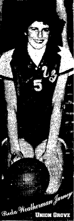 Picture of Reda Weatherman Jurney, Union Grove basketball player, from The Statesville Daily Record, Statesville, North Carolina, March 20, 1950.