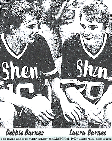 The Barnes Twins, Debbia and Laura, basketball players for Shenendehowa High Plainsmen. From The Daily Gazette, Schenectady, New York, March 21, 1990. Gazette Photo - Bruce Squiers.