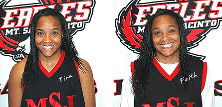 Images of Tina and Faith Fantroy, in uniforms, sophomore basketball players Mt. San Jacinto College, California.