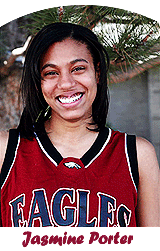 Image of Jasmine Porter, Layton Christian Academy Eagles, a Utah high school basketball team. In her red uniform.