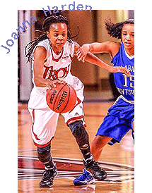 Picture of Joanna Harden, Troy University Trpjan basketball player, driving the ball upcourt in the game against Alabama-Huntsville, when she scored 62 points.