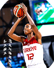 Image of Lara Sanders shooting for Turkey in 1988 Seoul Olympics games. White uniforn with red lettering, TRKIYE and number 12, shooting a jump shot.