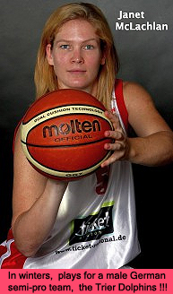 Image of British Columbian, Janet McLachlin, wheelchair basketball player, as member of Trier Dolphins, an all-male semi-pro team in Germany. Pictured with basketball. Photo: Immovesta.