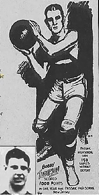 Illustration of boys basketball player for Passaic High School (New Jersey), holding basketball with both hands, knees bent, looking to pass (From The North Jersey Herald & News, May 17, 1995) and portrait image from the Herald News from Passaic County, New Jersey, February 6, 2000.
