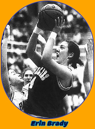 Pennsylvania girls basketball player, Erin Brady, Marian Catholic High, shooting with mouth open, to our left. Photo by Andy Matsko, from the Republican & Herald, Pottsville, Pennsylvania, Fbbruary 17, 1999