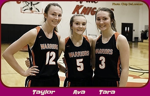 Image of sisters and girls basetball players for Lincoln-Way West High SChool in Illinois.  From left to right: Taylor (#12), Ava (#5) and Tara (#3). Photo by Chip DeLorenzo, The New Lenox Patriot, Dec. 2, 2019.