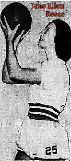 Pmage of Jane Ellen Reese, a girls basketball player for the Jakin Rebels high school team in 1957. Shown getting ready to shoot to our left, in her white jersey, three dark stripes at the waste, number 25 of the side of the shorts/ From The Dothan Eagle, Dothan, Alabama, February 3, 1957. Photo by Ragan.