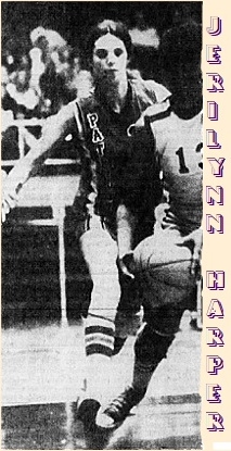 Jerilynn Harper, Jefferson County girls basketball player (Tennessee), on defene, with dark uniform with vertical PANTHERS on its right ide. From the Johnson City Press-Chronicle, March 8, 1978.