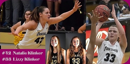 Images of girl basketball playing sisters, Natalie (#42) & Lizzy (#33) Klinker, of the University of Idaho team. Both in white VANDELS uniforms, Natalie in the air trying to block a shot and Lizzy shooting to our left. Also portrait images are included..