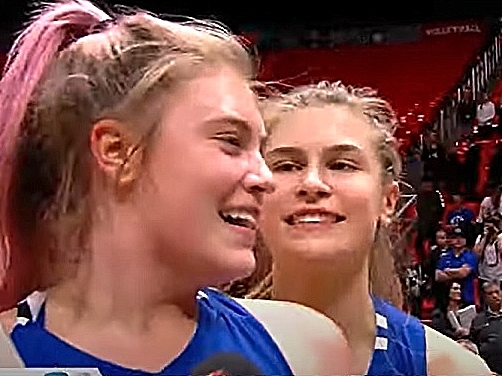 We see sisters Jaycee (l.) and Sierra (r.) Lichtie celebrating following the Bingham High School championship game victory, in the Utah 6A Girls Basketball championship game.  Still from video..