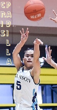Image of Philippines woman basketball player for Adamson University, Cris PAdilla, shooting a jump shot towards us, in a white #5 uniform.