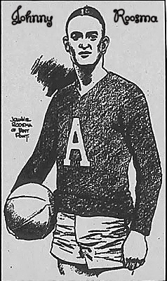 Drawing of Johnny Roosma, in shorts and uniform with big A on it. Holding a basketball by his right hip. He was a Passaic High boys basketball player in early 1920s, in New Jersey. From The North Jersey Herald & News, Passaic, New Jersey, MAy 17, 1995.