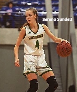 Missouri girls basketball player, Serena Sundell, dribbling and about to make a move in her Maryville High SChool SPOOFHOUNDs uniform #4.