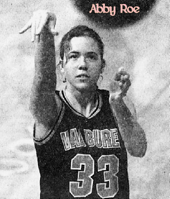 Image of Iowa girls basketball player, Abby Roe, number 33, shooting a foul shot directly towards camera. From The Des Moines Register, February 2, 1996, photo by Harry Baumert.