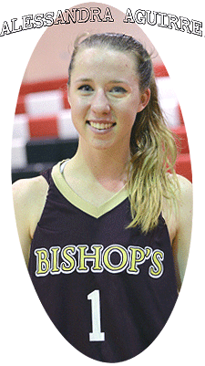 Image of Alessandra Aguirre, Bishop's High School (California) girls basketball player in black uniform jersey with white number 1 underneath a yellow BISHOP'S with white trim.
