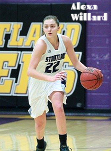 Image of Alexa Willard, Stoutland High School (Missouri) girls basketball player, dribbling upcourt in uniform #22.