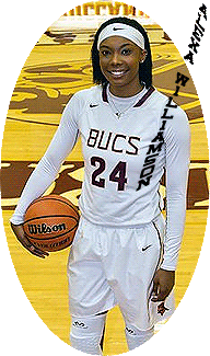 Alexa Williamson, Pennsylvania high school girls basketball player for Chartier-Houston High. Shown in white uniform reading, in black, 'BUCS' number 24, with basketball