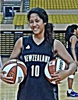 lyssa Hirawani, in black New Zealand U-16 National Team uniform, number 10. Holding two basketballs at the hip