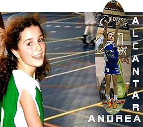 Image of Andrea Alcantara, close up, and also shooting a jump shot in blue uniform, number 10.