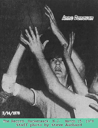 Image of Ann Donovan, Paramus High School girls basketball player, in black and white image of her well defended as she tries to shoot during game where she scored 50 points. From The Record, Hackensack, New Jersey, March 14, 1978., staff photo by Steve Auchard.