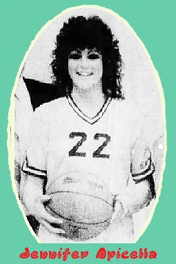 Image of girls basketball player, Jennifer Apicella, Belleville High School (New Jersey), 1983-84 team. Posing, in #22 uniform, with basketball  in front of her. From The Belleville Times, Belleville, New Jersey, Feb. 16, 1984.