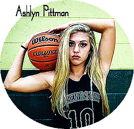 Ashlyn Pittman, Friendship Christian (Tennessee) girls basketball posing in her black uniform with red lettering within white trim, reading FRIENDSHIP and the #10, holding a basketball with her right arm crooked so it is on her right shoulder.