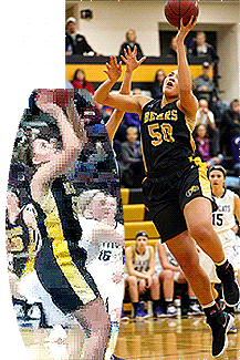 Images of Ayoka Lee, girls basketball player for the Byron High School Bears of Minnesota; shooting the basketball. One, number 50, going up for a shot in a dark blue uniform with yellow highlights, and a side view of her shooting a jump shot.