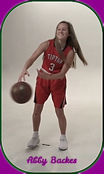 Image of Missouri girls basketball player, Abby Backes, a Tipton High School junior. posing, posing, dribbling a basketball in a red #3 uniform.