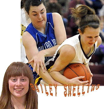 Bailey Snelling, Harlowron-Ryegate (High School (Montana) basketball player, combination image, face shot and action shot fighting for the basketball.